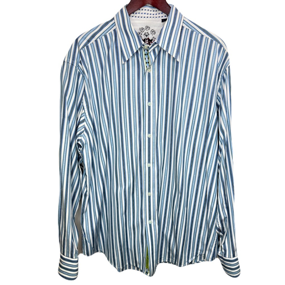 Robert Graham Shirt Mens 2XL Button Up Long Sleeve Blue Stripe Flip Cuff Cotton
